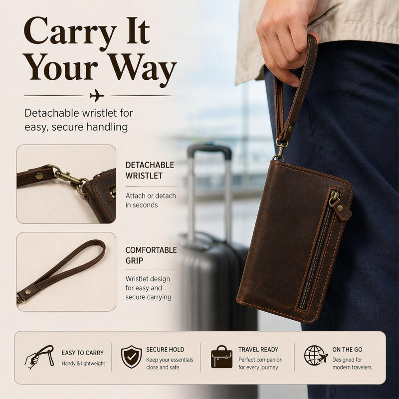 Brown Leather Passport Holder Travel Document Organizer Wallet for Family Couples with Card Slots ID Window Zipper Closure for Multi Passport Storage (5 x 9) Brown Leather Passport Holder