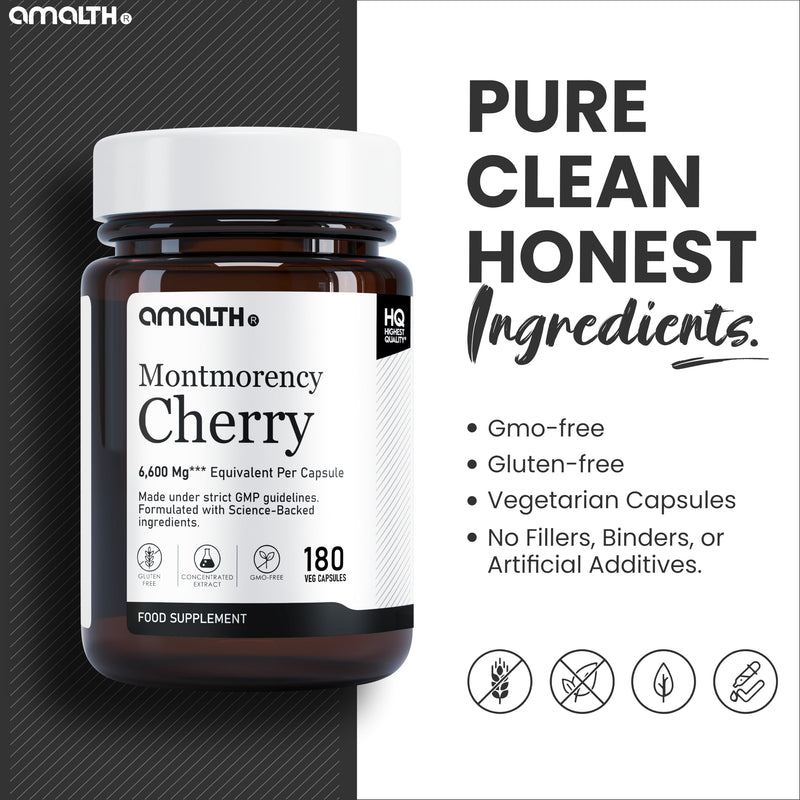 Amalth Montmorency Cherry Capsules 6600mg Equivalent – 180 Tart Cherry Capsules – Alternative to Tart Cherry Juice & Montmorency Cherry Juice – Vegan Friendly – Non-GMO & Gluten Free