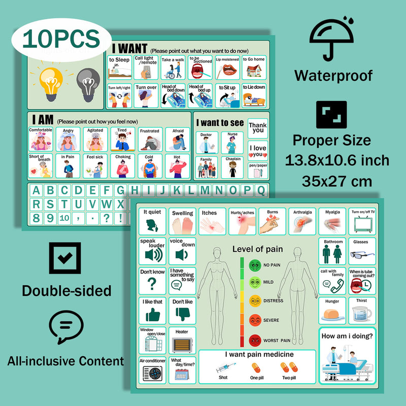 [Australia] - 10Pcs Nonverbal Communication Board Waterproof Aphasia Patient Communication Tools Durable Non Verbal Communication Device Cards for Nonverbal Adults, Kids 10PCS 