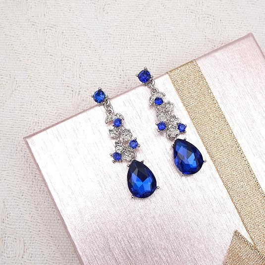[Australia] - 4 Pcs/Set Austrian Crystal Necklace Earrings Bracelet Ring Bridal Jewelry Sets for Brides Wedding Party Costume Accessories Gifts for Women white gold plated-royal blue 