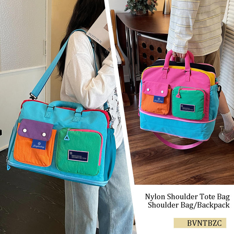 Women Color Block Travel Duffle Bag Large Multi Pockets Nylon Crossbody Purse Gym Hobo Shoulder Tote Handbag (Pink) Pink