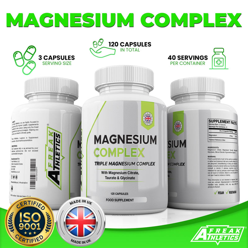 Freak Athletics Triple Magnesium Complex - Magnesium Supplements with Magnesium Citrate, Glycinate & Taurate - 120 Capsules - UK Made