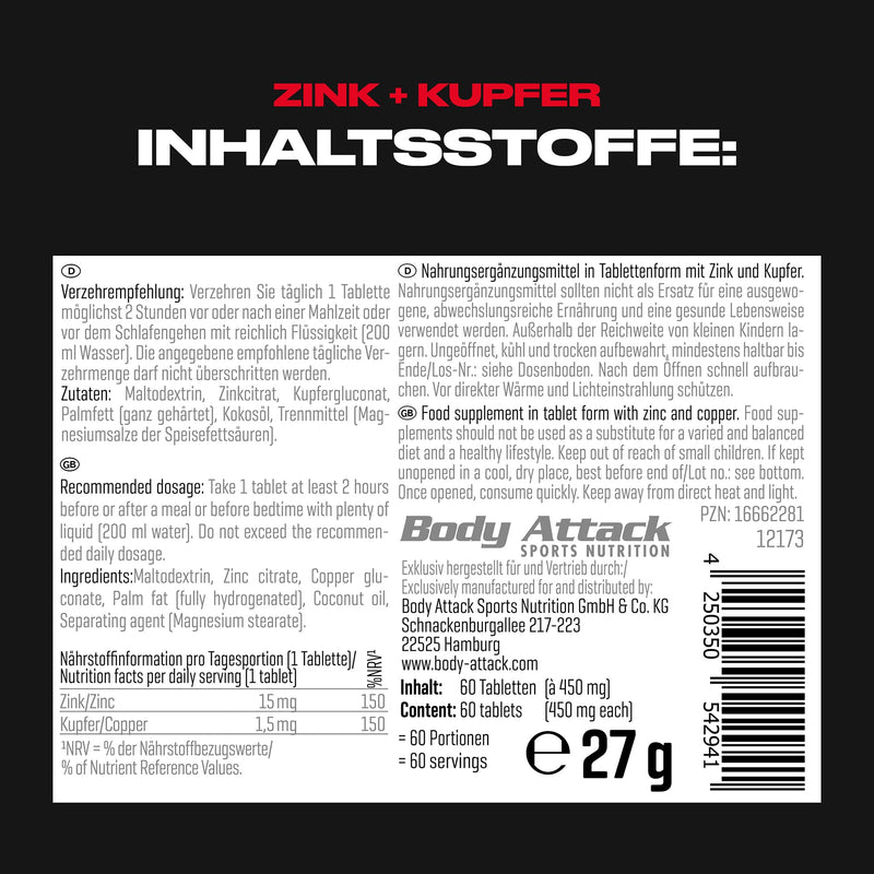 [Australia] - Body Attack Zinc + Copper 60 capsules / 60 portions, high-dose micronutrients, 15mg zinc & 1.5mg copper, high-quality purity, coordinated ingredients, vegan, Made in Germany 