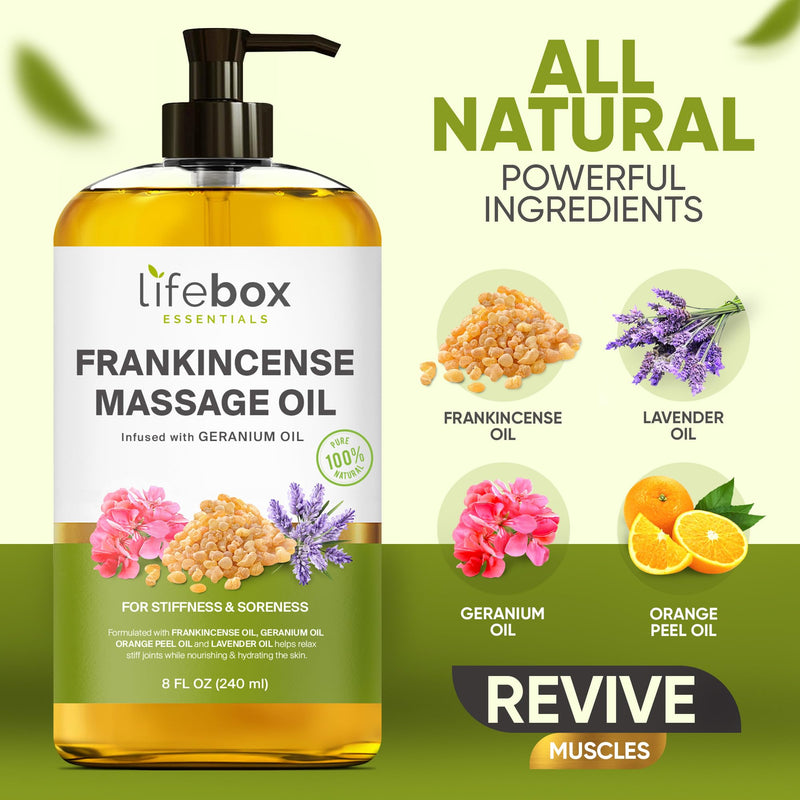 [Australia] - Frankincense Massage Oil – 100% Pure & Natural - Massage Therapy Oil for Soreness & Stiffness – Stretch Marks and Scars Body Oil Infused with Frankincense Essential Oil and Geranium Oil – 8 FL OZ 8 Fl Oz (Pack of 1) Frankincense - 8 Fl Oz (Pack of 1) 