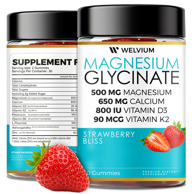 Magnesium Glycinate Gummies with Ashwagandha, L-Theanine & Vitamins | 500mg Magnesium Glycinate, D3, K2, B6, Calcium, Zinc, Potassium Supplement for Immune Support, Chewable Magnesium