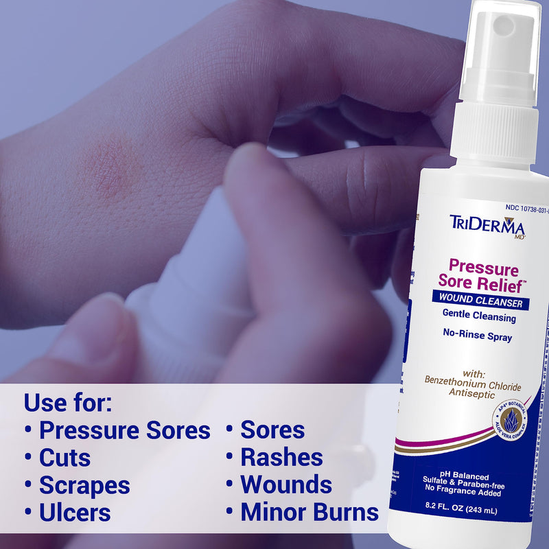 [Australia] - TriDerma Pressure Sore Relief Wound Cleanser, Gentle Cleansing for Bed Sores, Ulcers, Pressure Sores, Wounds and Hard-to-Heal Skin Sores with AP4 Aloe Vera and Niacinamide, Fragrance Free 8.2 oz Spray 8.20 Fl Oz (Pack of 1) Cleanser Spray 