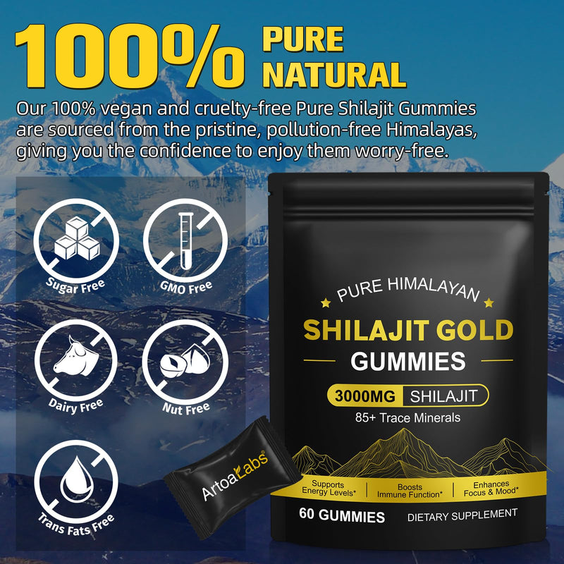 Shilajit Gummies 3000mg, Pure Himalayan Gold with Ashwagandha, Chaga & Fulvic Acid, 85+ Trace Minerals for Energy, Immunity & Vitality, Vegan, Sugar-Free, Gluten-Free, Non-GMO, 60 Gummies