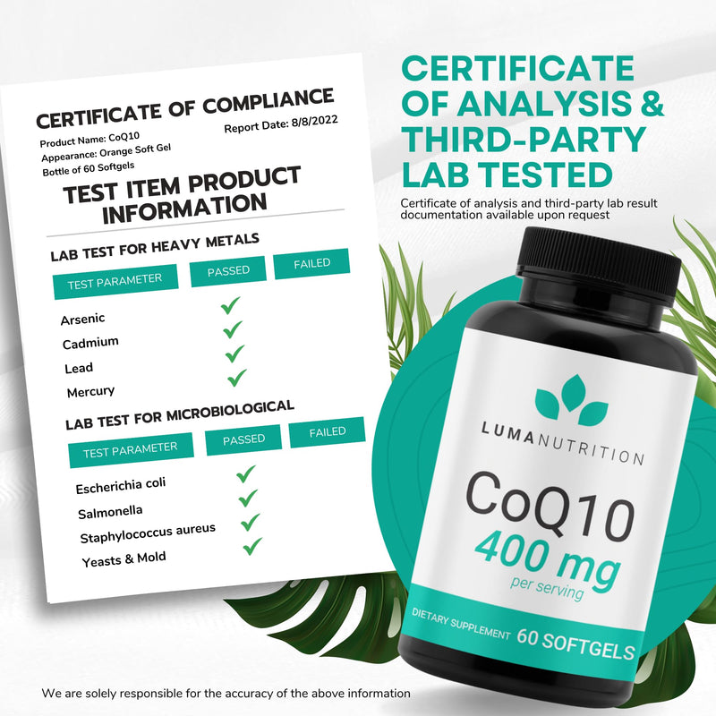 [Australia] - Luma Nutrition CoQ10 400mg Softgels - Premium Coenzyme Q10 - Co Q-10 200mg Softgel / 400mg Per Serving - 60 Liquid Softgels 