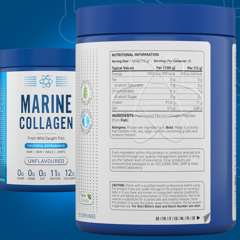 Applied Nutrition Marine Collagen Powder - Hydrolysed Collagen Protein, Healthy Skin, Hair, Nails (Unflavoured) (300g - 25 Servings) Unflavoured