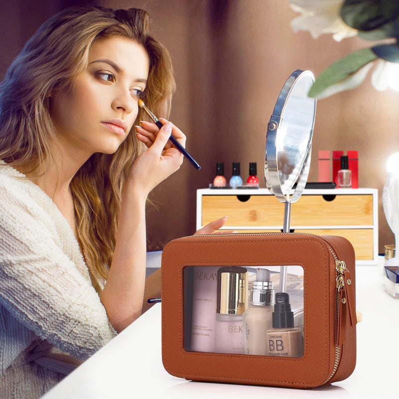 Pinkmik Clear Makeup Bag, (Brown, L+M+MINI) | Waterproof, Travel Case for Cosmetics and Toiletries, Women's Purse Organizer, Clear Car Bag with Zipper A5/Brown