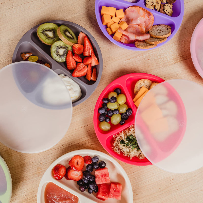 WeeSprout Silicone Plates with Lids for Babies & Toddlers (3 Pack) 100% Food-Grade Dishes for Self Feeding, Divided Design & Raised Edges for Picky Eaters, Dishwasher & Microwave Safe Weaning Supplies Bright Pink, Purple & Yellow