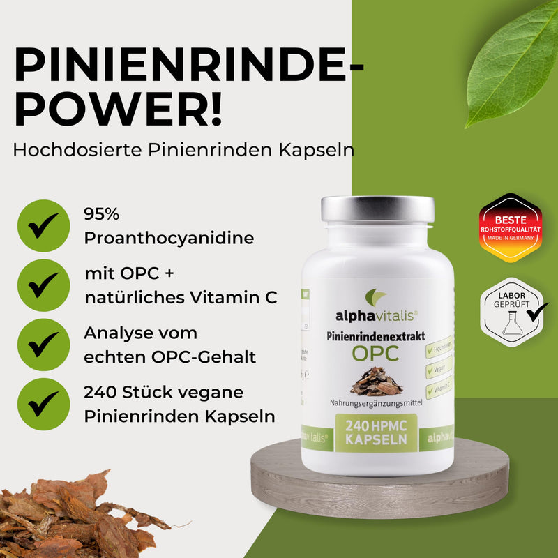 [Australia] - 500 mg pine bark extract capsules with 32% OPC + natural vitamin C - 240 pieces - vegan pine bark extract without magnesium stearate - high dosage & laboratory tested by Alphavitalis 