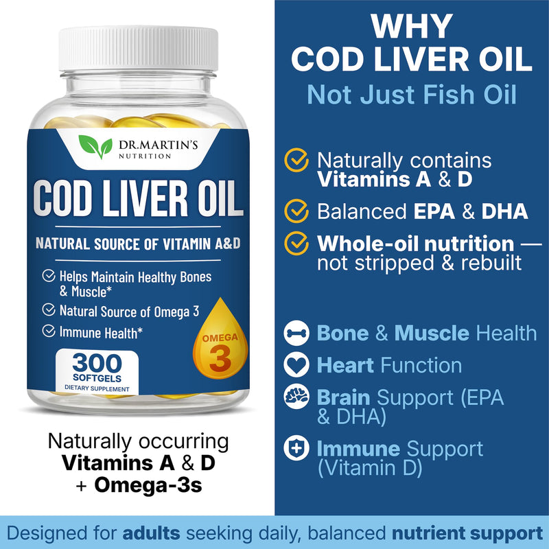 Cod Liver Oil 300 Softgels, Burpless Omega 3 with EPA & DHA, Vitamin A & D | Norwegian Fish, Easy-to-Swallow Capsules for Immune Support, No Fishy Aftertaste, Heart Brain Eye Immune, Easy on stomach 1 Count (Pack of 300)