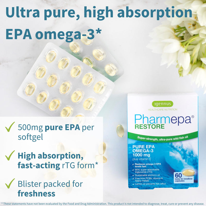 [Australia] - Igennus Pharmepa Restore, Pure EPA 1000mg, Omega 3 rTG Fish Oil, IFOS Certified, High Absorption, 90% Concentration Triple Strength, Wild & Sustainable, Lemon Flavor, 1-Month Supply, 60 Softgels 60 Count (Pack of 1) 