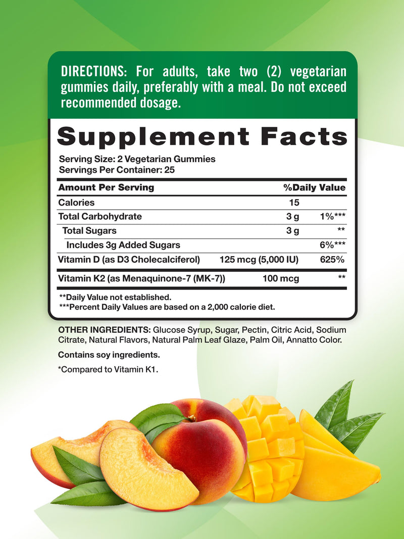 Nature's Truth Vitamin D3 + K2 Gummies | 50 Count | Peach Mango Flavor | Vegetarian, Non-GMO & Gluten Free Supplement 50 Count (Pack of 1)