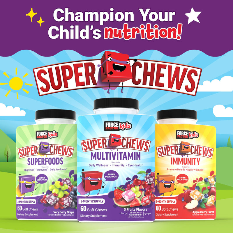 [Australia] - FORCE FACTOR Kids Multivitamin Super Chews, Kids Vitamins to Support Wellness, Immunity, Eye Health, & More with 18 Vitamins, Minerals, & Antioxidants, 2-Month Supply, Multi-Flavor, 60 Soft Chews 