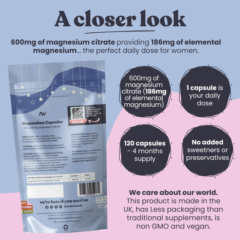 120-Count of 600mg Magnesium Citrate Capsules for Women — Made for Fast & Effective Absorption — Helps with Menopause, Relaxation, Joint Health, and Good Night's Sleep — Women's Owned and Made in UK 120 count