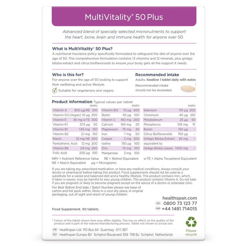 Healthspan Multivitamin 50 Plus | Advance Multivitamin for over-50's | Immune Health Support | 13 Vitamins & 12 Minerals | Ginkgo Biloba & Citrus Bioflavonoids | Vegetarian (90 Tablets) 90 count (Pack of 1)