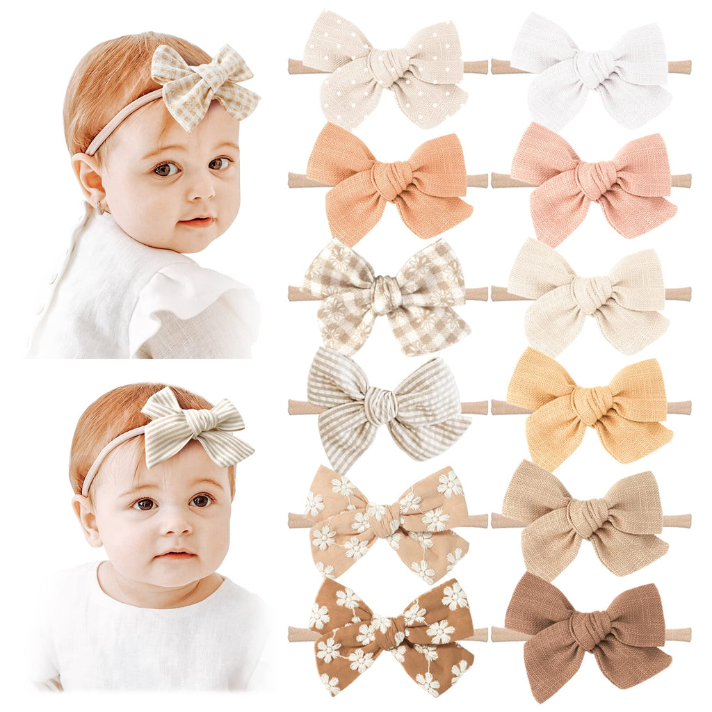 Niceye Baby Girl Bows and Headbands, 12 Packs of Stretchy Nylon Hairbands Hair Bows for Newborns, Infants, Toddlers - Handmade Baby Hair Accessories for Girls Sand Brown