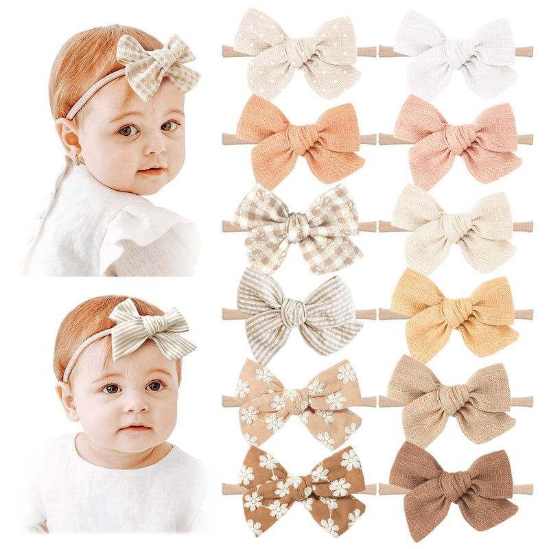 Niceye Baby Girl Bows and Headbands, 12 Packs of Stretchy Nylon Hairbands Hair Bows for Newborns, Infants, Toddlers - Handmade Baby Hair Accessories for Girls Sand Brown