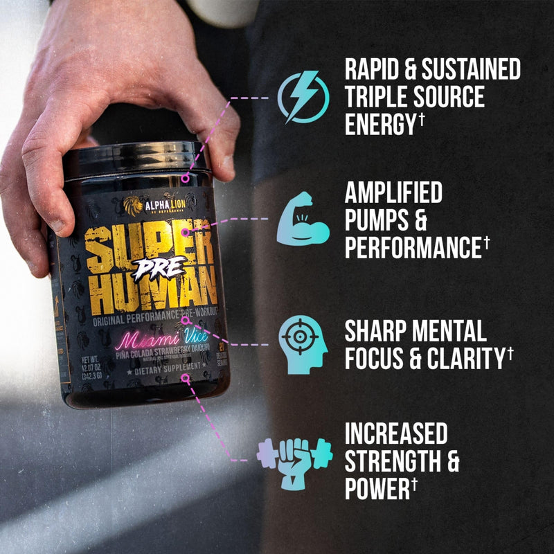[Australia] - ALPHA LION Superhuman Pre Workout Powder, Beta Alanine, L-Taurine & Tri-Source Caffeine for Sustained Energy & Focus, Nitric Oxide & Citrulline for Pump (21 Servings, Miami Vice) Miami Vice - Pina Colada Strawberry Daiquiri 