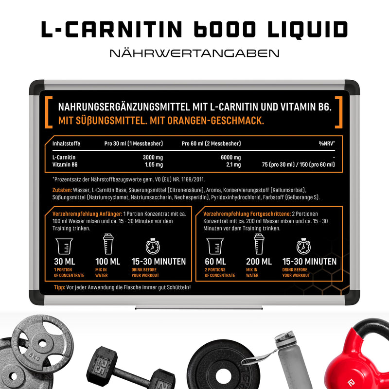 [Australia] - L-Carnitine 6000 Liquid - 1000 ml - Extra high dosage with 6000 mg of pure L-Carnitine per daily serving - Amino Workout Drink - Delicious taste (Orange Power) - Vegan 