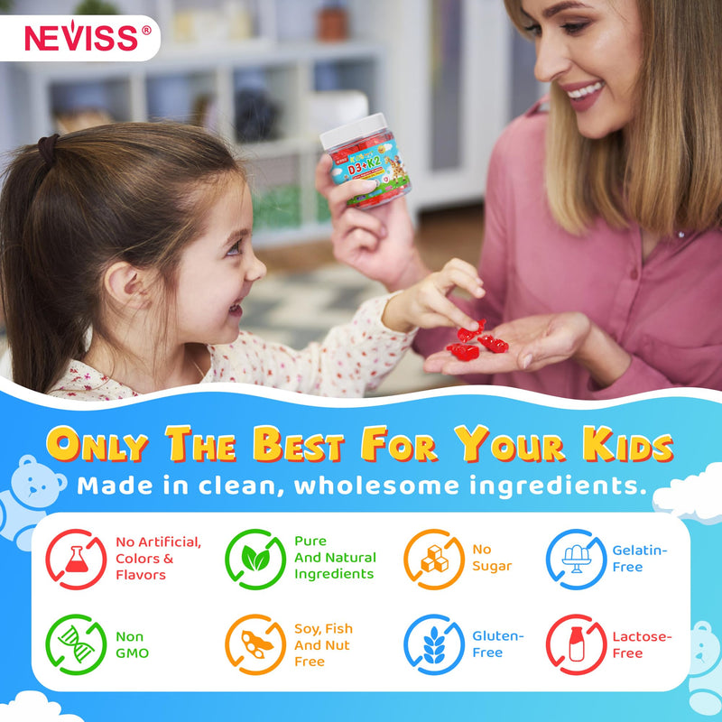 Kids & Teens Vitamin D3 K2 Gummies + Calcium, Magnesium, Zinc, Phosphorus C | Kids D3 & K2 Supplement + Multivitamin for Bone Health, Calcium Absorption, Focus & Immunity, Non GMO, Sugar Free, 60 Cts 60 Count (Pack of 1)