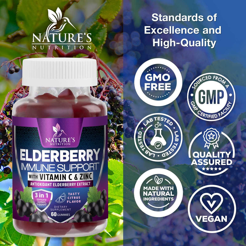 Elderberry Immune Support Gummies - 3X Strength Sambucus Elderberry Gummy with Vitamin C, D3 & Zinc - Nature’s Black Elderberry Extract - Immune Support Supplement for Adults & Kids - 60 Gummies 60 Count (Pack of 1)