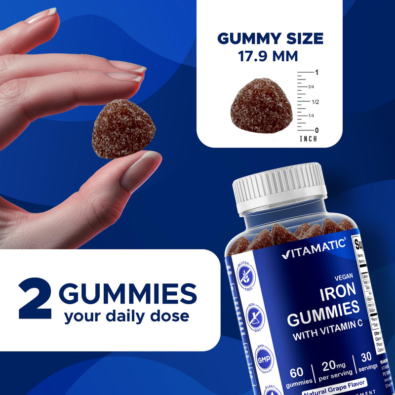 Vitamatic Vegan Iron 20 mg with VIT. C, 60 Natural Grape Flavor Gummies | Supports Healthy RBC Production and Oxygen Transport*, Immune Health Support*, Plant Based, Gluten Free, Non-GMO, Made in USA 60 Count (Pack of 1)