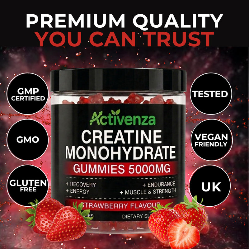 Sugar-Free Creatine Monohydrate 5000mg + L-Taurine Gummies, 120 Count, Strawberry Flavour, High-Strength Creatine Supplement for Workout & Gym Support for Men & Women