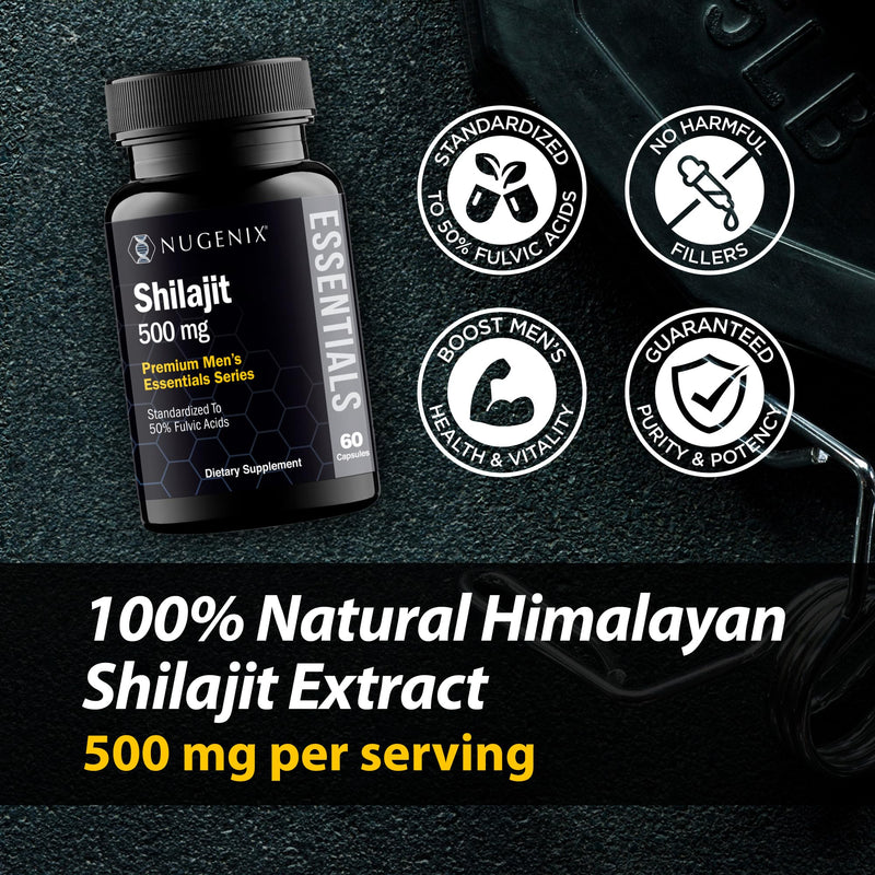 [Australia] - Nugenix Essentials Shilajit Capsules Supplement for Men and Women - 500mg, Standardized to 50% Fulvic Acids, Himalayan, 60 Capsules 60 Count (Pack of 1) 