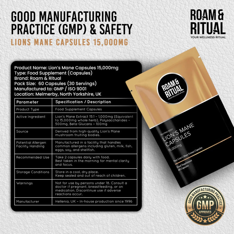 Lions Mane Supplement 15,000mg | High-Strength Fruiting Body Extract | Lion's Mane Mushroom 15:1 Extract for Focus & Mental Performance - 60 Capsules Made in the UK by Roam & Ritual™