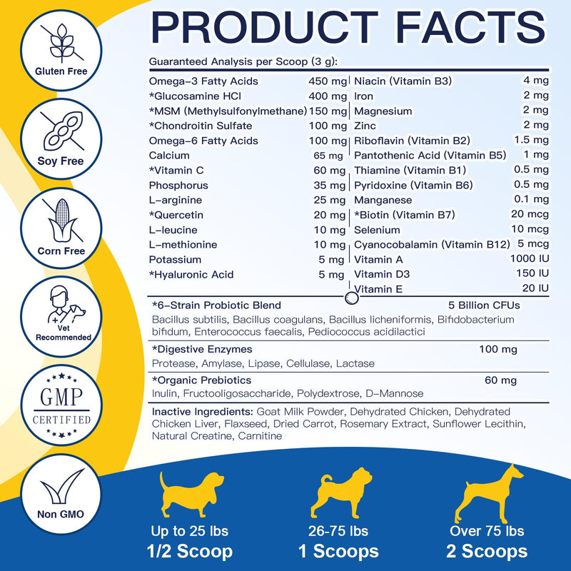 Dog Vitamins, Dog Multivitamin Powder, with Probiotics, Glucosamine, Omega 3, Support Gut, Joint & Mobility, Itch Skin & Coat, Minerals & Antioxidant for Immune Health, Daily Essential Dog Supplements 90 Scoops - PawsPlanet Australia