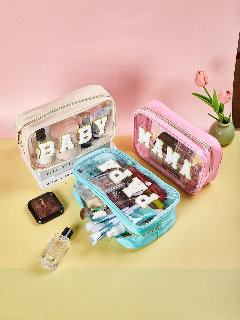 3pc Mama Baby Papa Clear Pouch Set with Chenille letters – Travel Makeup Toiletry Organizer Bags for Family Packing – Cute Personalized for Vacation, Hospital & Diaper Bag Essentials Papa Mama Baby