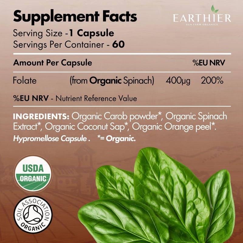 Organic Folate 100% Plant Based from Whole Foods - Certified Organic by Soil Association - 2 Month Supply – Vegan