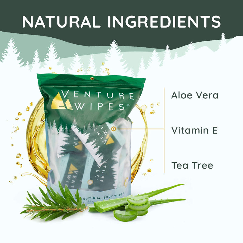 [Australia] - Venture Wipes Tea Tree Oil Body Wipes - Adventure Wipes for Adults - Biodegradable Cleansing Wipes with Aloe and Vitamin E - Camping Essentials - Individually Wrapped Body Wipes - 25 Count Bag 