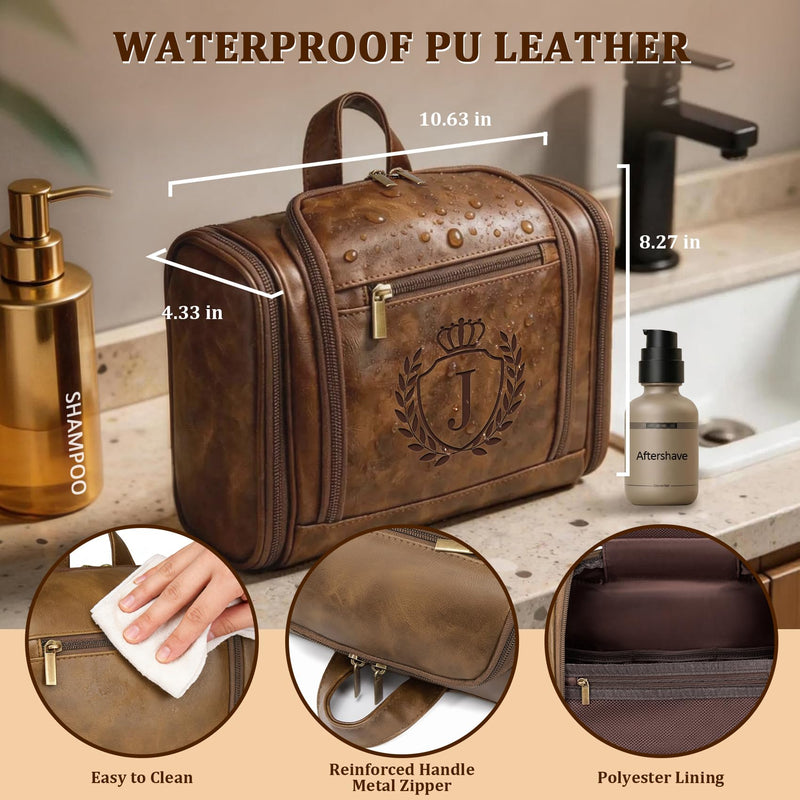 Unique 30th 40th 50th 60th 65th 70th 75th Birthday Gifts for Men Father Dad Husband Brother Son, Large Leather Travel Toiletry Bag Dopp Kit Hanging Shaving Case, Mustard Initial Letter J