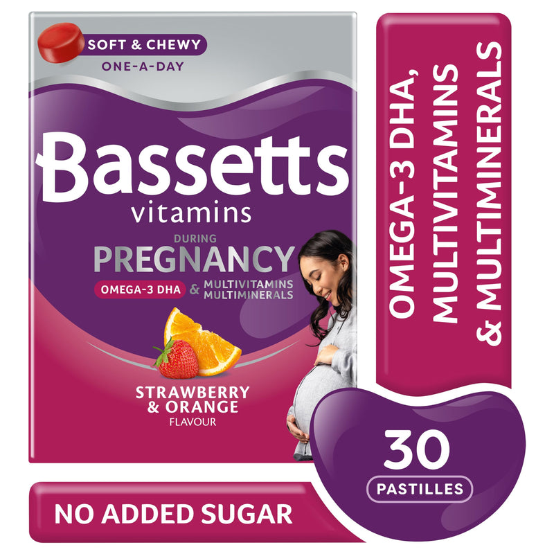 Bassetts Vitamins Pregnancy+ Omega-3 DHA Multivitamins & Multiminerals Strawberry & Orange Flavour 30 Gummy Pastilles Strawberry, Orange 30 count (Pack of 1)