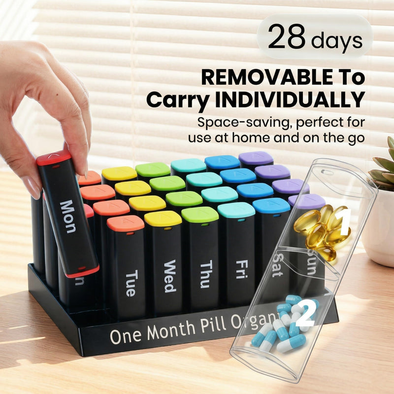CAidRE Monthly Pill Organizer AM PM, Black XL Medication Box | 28 Day Moisture Proof Case for Vitamins and Supplements, Travel Friendly Individual Pods, Discreet 4 Week Storage Black1 monthly pill oeganizer