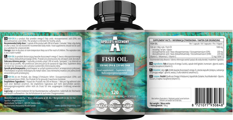 Fish Oil 1000mg - High Dose Omega 3 with 330mg EPA and 220mg DHA - 120 Softgel Capsules - 4 Months Supply - Unsaturated Fatty Acids (EFAs) - Supports Heart and Brain Health - by Apollo's Hegemony Capsule 120 count (Pack of 1)