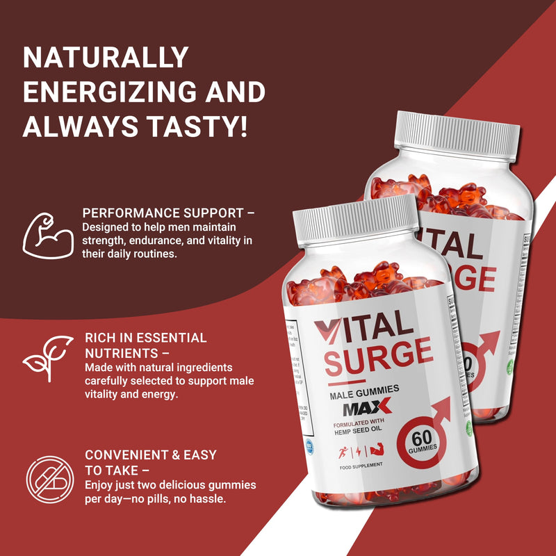 Vital Surge MAX Male Enhancement Gummies - 60 Gummies, Natural Vitality Support for Men with Herbal Blend & Nutrients, Vegan, GMP-Certified, Supplement Heaven