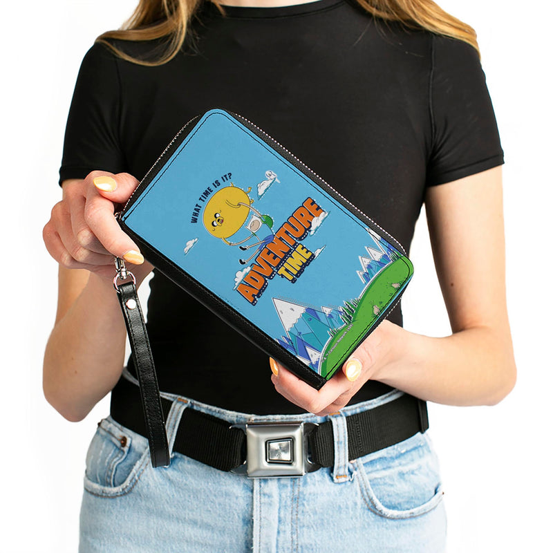 Buckle-Down Adventure Time Vegan Leather Zip Around Wallet | Adventure Time Jake and Finn WHAT TIME IS IT Flying Pose Blue Billfold Credit Card and ID Slots