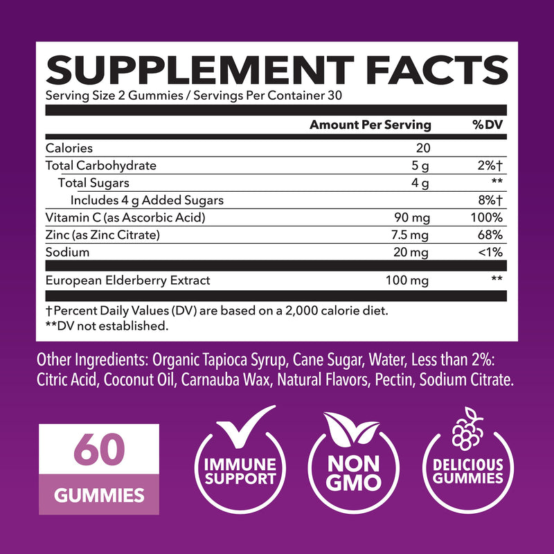 [Australia] - Sambucus Elderberry Gummies for Adults | Immune Support Gummies with Elderberry, Vitamin C and Zinc | Sambucus Elderberry Immune Support with Elderberry Extract | Berry-Flavored Gummies | Month Supply 60 Count (Pack of 1) 