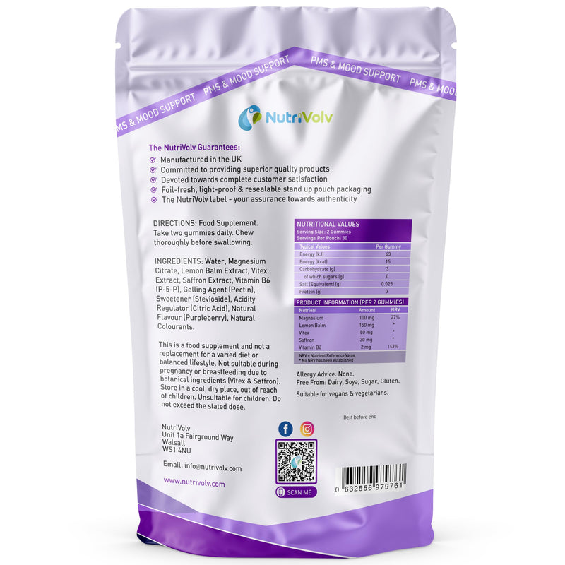 PMS & Mood Support Gummies | 60 Vegan Gummies | Magnesium Citrate, Lemon Balm, Vitex, Saffron & P-5-P B6 | Cycle, Mood & Hormone Balance Support | Purpleberry Flavour | UK Made | by NutriVolv