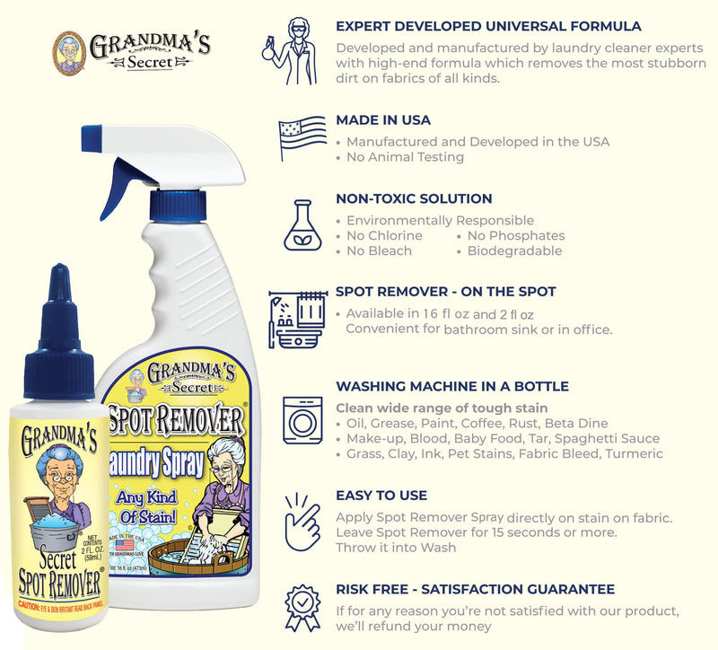 [Australia] - Grandma's Secret Spot Remover Laundry Spray - Chlorine, Bleach and Toxin-Free for Clothes - Fabric Stain Remover Removes Oil, Paint, Blood and Pet Stains - 16 oz & 2 oz Combo, DuoPack 