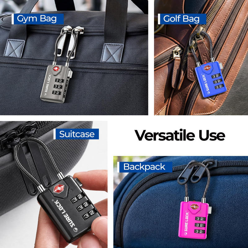 SURE LOCK TSA Compatible Travel Luggage Locks, Inspection Indicator, Easy Read Dials TSA Approved with Zinc Alloy (1, Black 8 Pack) 1