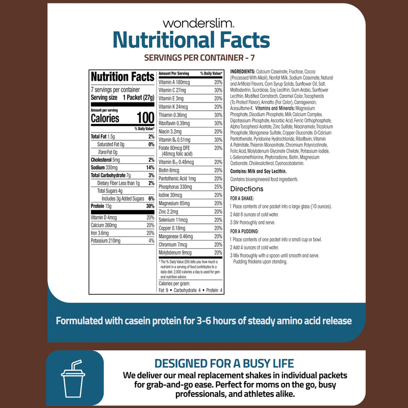 Wonderslim Protein Meal Replacement Shake Powder – 7ct (Chocolate Cream) | 15g Protein, 24 Vitamins & Minerals, Low Carb, Low Calorie, Gluten Free – Meal Replacement Drinks for Weight Management Chocolate Cream