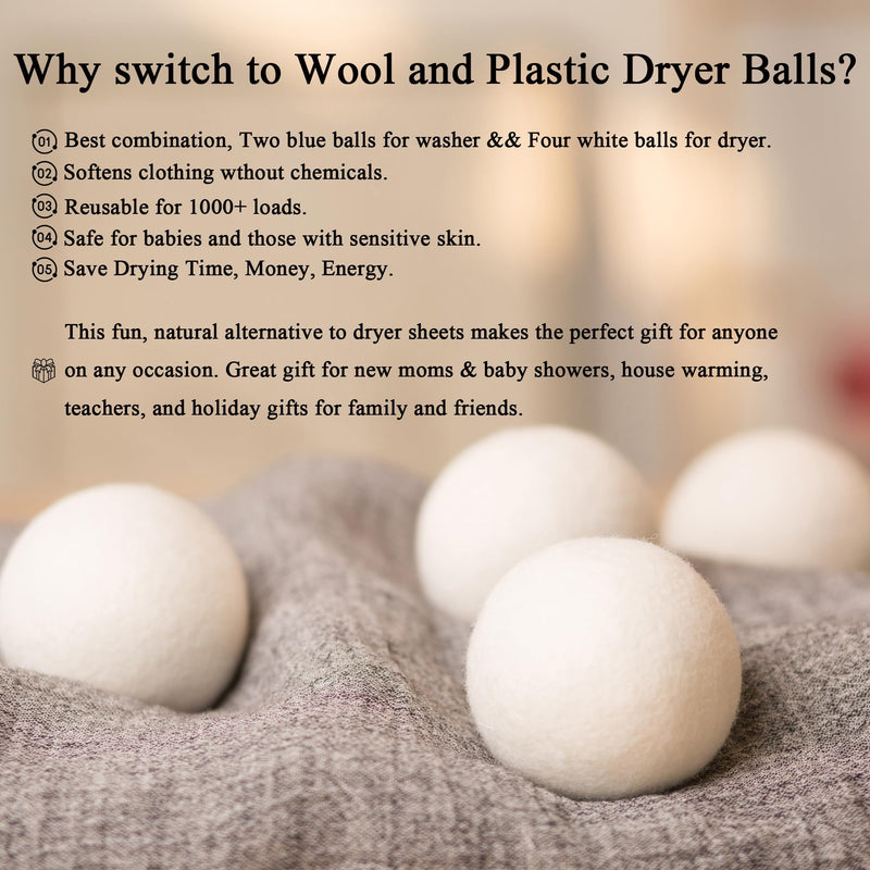 [Australia] - Upgraded Version Wool and Plastic Dryer Balls - XL, Natural Fabric Softener, Reusable, Reduces Clothing Wrinkles, Baby Safe & Chemical Free, Save Drying Time, Money, Energy. (Pack of 4+2) 