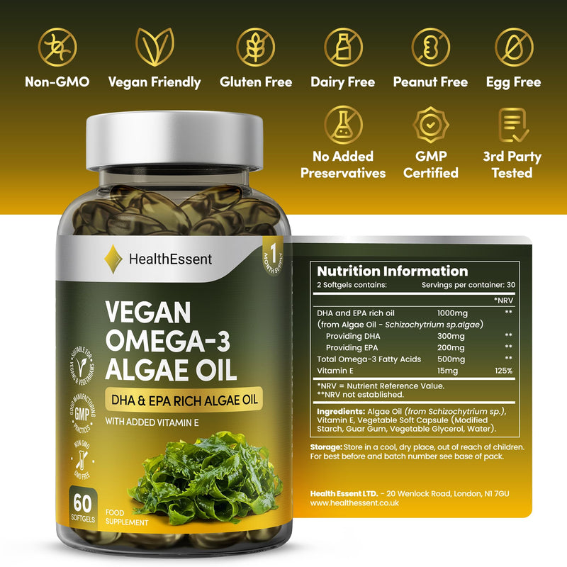 HealthEssent Omega 3 Vegan Complex - Algae Oil Omega 3 with EPA DHA and Vitamin E, 1000mg Algae Based Fatty Acids Supplements for Heart, Brain and Joint Health, Non-GMO & Halal – 60 Softgels