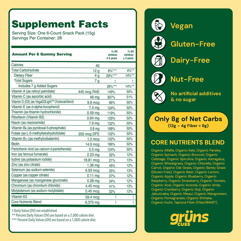 [Australia] - Gruns Kids Vitamins, Super Greens Gummies - Superfood Gummy Bears with Spirulina, Chlorella, 20+ Vitamins & Minerals, Prebiotics Fiber for Digestive Health, Adaptogens Supplement, 28 Day Supply Low Sugar 